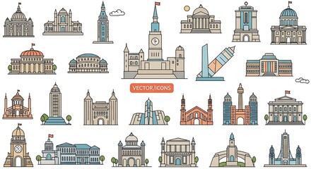 Naklejka premium Colorful Vector Icons of Various Buildings and Architectural Structures.