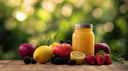 The refreshing fruit juice jar surrounded by colorful fresh fruits.