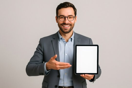 Businessman showing digital tablet with blank screen during a presentation, smiling and gesturing with hand