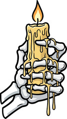 Halloween Skeleton Hand Holding Dripping Candle, Spooky Night Light Illustration