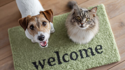 Close up of a happy dog and a cat smiling at the camera, standing on a light green doormat with the text "welcome" on it on a floor

