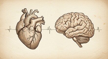 Anatomical vintage drawing of a human heart and brain connected by a pulse, representing the connection between emotion and reason, isolated on white background
