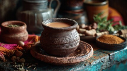 Fototapeta premium Clay cup of spiced tea
