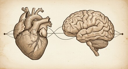 Vintage anatomical drawing of a human heart and brain connected by a sine wave, representing the connection between emotion and reason, isolated on white background