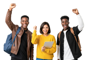 group of happy students with tablet and raising fist high isolated on white

