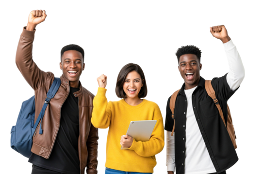 group of happy students with tablet and raising fist high isolated on white

