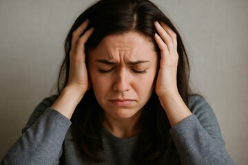 Woman experiencing stress and frustration, holding her head with eyes closed. Represents emotional overwhelm and mental fatigue