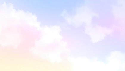 Beautiful dreamy pastel sky background with soft colorful clouds. gradient transitions from blue to pink and yellow, creating peaceful and ethereal atmosphere for wallpaper
