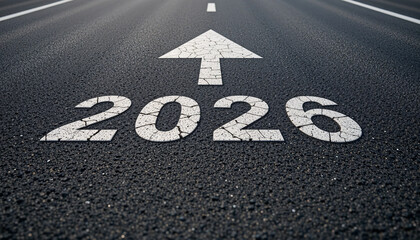 2026 white arrow road marking symbolizing new year future path, success, progress, direction, determination, achievement, journey, growth, opportunity