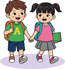 Happy cartoon school children walking hand in hand with backpacks and books, ready for learning, friendship, and a new school day