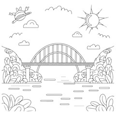 River Crossing Bridge with Scenic View and Clouds - Kids’ Landscape Illustration