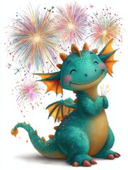Fototapeta premium Cartoon baby dragon lighting fireworks 