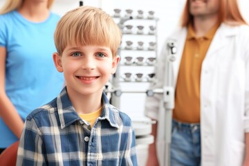 Obraz premium A cheerful young boy sits in a chair at an eye care clinic, smiling confidently as he prepares for an eye examination, while adults stand nearby, showing support.