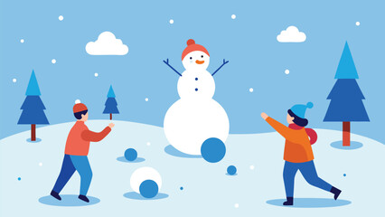Joyful kids playful snowball fight winter wonderland scene vector illustration
