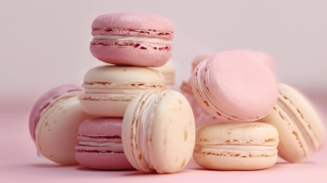 Stacked pink and beige macarons on a soft pink background