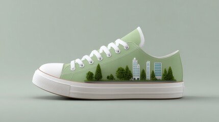 Eco-friendly sneaker design with urban greenery showcasing sustainability and creativity. International Walk To School Month