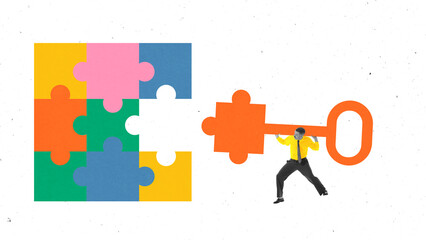 Colorful collage with businessman carrying puzzle piece key for missing gap in colorful board. Concept of strategy fit, solution finding, analysis, leadership, and unlocking growth.