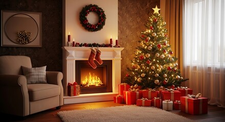 Cozy Christmas Scene: Fireplace, Decorated Tree, and Festive Gifts in Warm Lighting