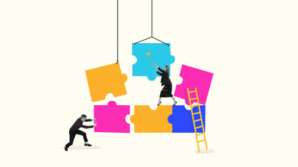 Digital composition of teamwork assembling giant puzzle pieces with ladder and coordination....