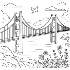 Elegant Bridge Over Water with Cloudy Sky and Plants - Kids’ Outdoor Coloring Art