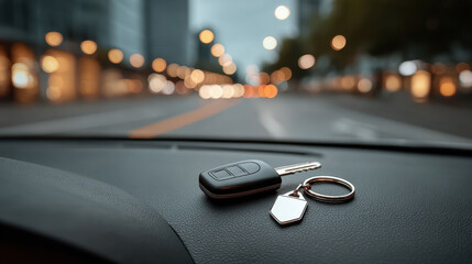 Intriguing close-up of a car dashboard at night highlights keys and illuminated streets. National Crime Prevention Month