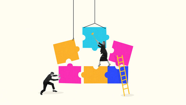 Digital composition of teamwork assembling giant puzzle pieces with ladder and coordination. Concept of construction, modular systems, problem solving, company building, and planning.