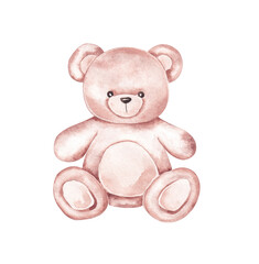 Teddy bear isolated on white background. Hand drawn with watercolor. Design element for birthday, baby shower card, banner, invitation