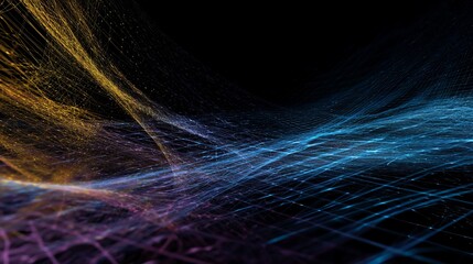 Abstract flowing network of lines, bright yellow-blue gradient over black