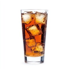 Glass of brown soda with ice cubes