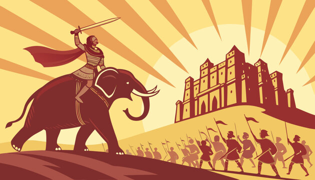 Epic South Indian historical war scene, mighty warrior holding a sword on top of an elephant, thousands of soldiers behind him, huge ancient palace in background, golden sunlight, cinematic poster sty