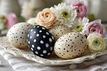 Obraz premium Polka dot eggs in black and white with pastel flowers 