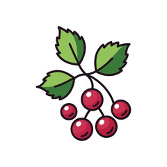 Illustration of a small cluster of ripe red berries with green leaves on a white background