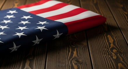 Folded American Flag on Dark Wood Background