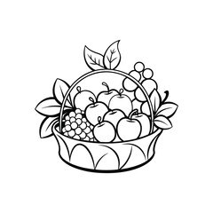Artistic outline drawing of a fruit basket filled with apples grapes and leaves