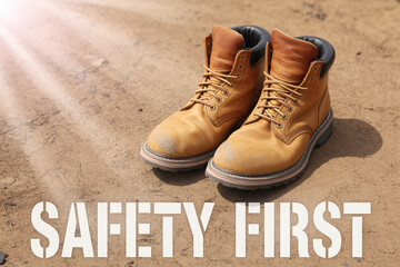 Emphasizing Workplace Safety First with Low Feedback: A Close-Up of Durable Work Boots on a Sandy Surface with a Bold Safety Message Overlay