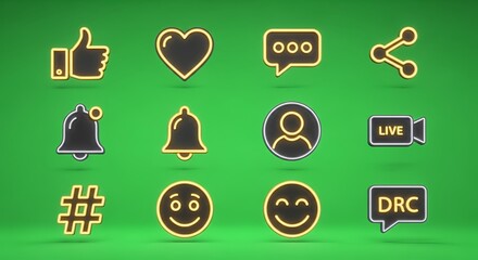 Glow neon social media icons like, heart, chat, share, bell, live video