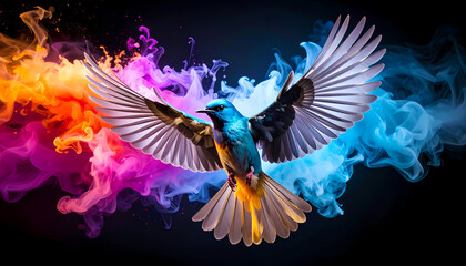 Fototapeta premium Vibrant blue bird soaring with open wings amid colorful cloud of abstract smoke. This creative fantasy image represents feelings of freedom, spiritual energy, and power