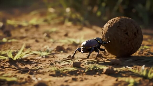 a dung beetle rolling a massive ball of earth across a savanna floor, its tiny legs straining against scale