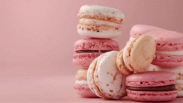 Close-up of several stacked macarons in shades of pink and white, against a soft pink background