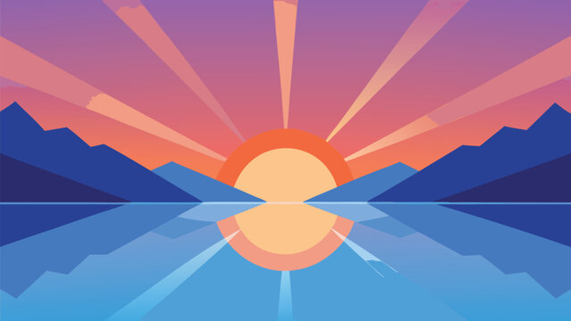 Serene lake sunrise illustration with subtle reflections vector art eps scalable