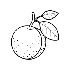 Simple line drawing of a fresh orange with two green leaves on a stem
