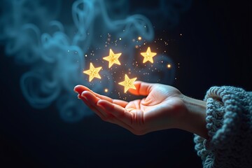 Inspiration, creativity, and imagination concept with glowing magic stars floating above open hand in dreamy dark background