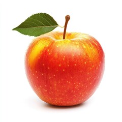 Single red and yellow apple with green leaf