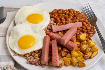 fried eggs with baked beans  and spam fries