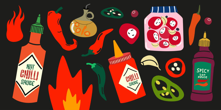 Spicy food set in retro cartoon style. Seasonings and chili peppers, stuffed red peppers, hot sauce, chili pepper oil, garlic. Hot spicy food funky doodle sticker collection - Powered by Adobe