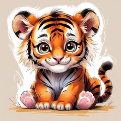 A digital illustration of an adorable baby tiger cub sitting down, with a round face, big sparkling eyes, a tiny pink nose, and soft fluffy striped fur.