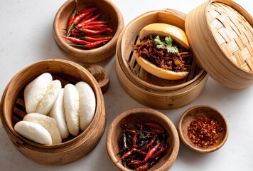 Fototapeta premium Assorted Asian spices and herbs in small wooden and ceramic containers on a neutral background