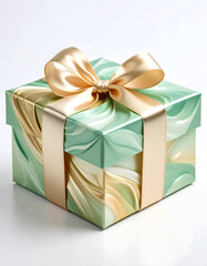 Beautifully wrapped gift box with marbled pastel green and cream pattern, adorned with shiny gold satin ribbon and bow, perfect for special