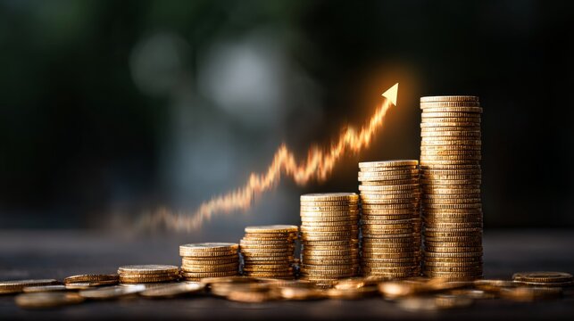Rising financial growth arrow on stacked coins with digital profit graph, investment strategy concept showing business success, economic market development, earnings increase, and futuristic finance b