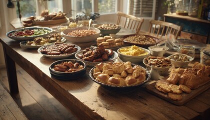 Fototapeta premium Assorted baked goods and pastries displayed on a rustic wooden table in a cozy bakery setting